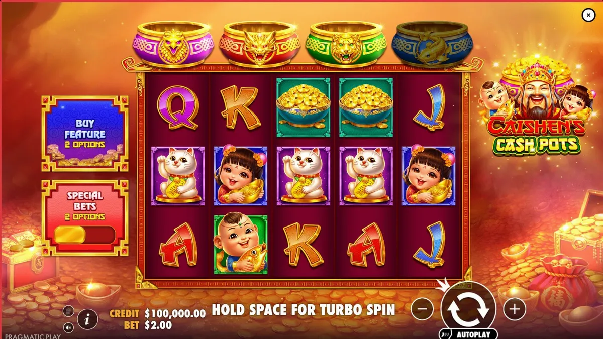 Caishen’s Cash Pots slot com tema de prosperidade e moedas de ouro
