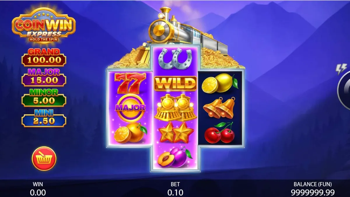 Interface do slot Coin Win Express com locomotiva dourada e símbolos de frutas