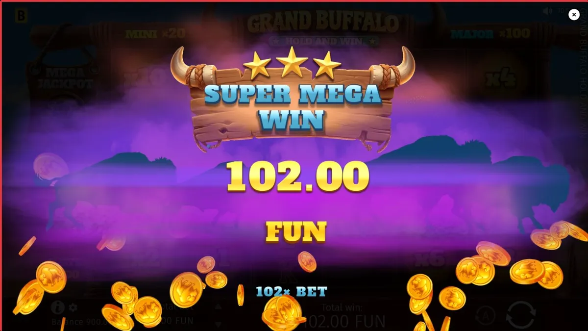 Grand Buffalo Hold and Win slot game interface featuring desert landscape and buffalo symbols
