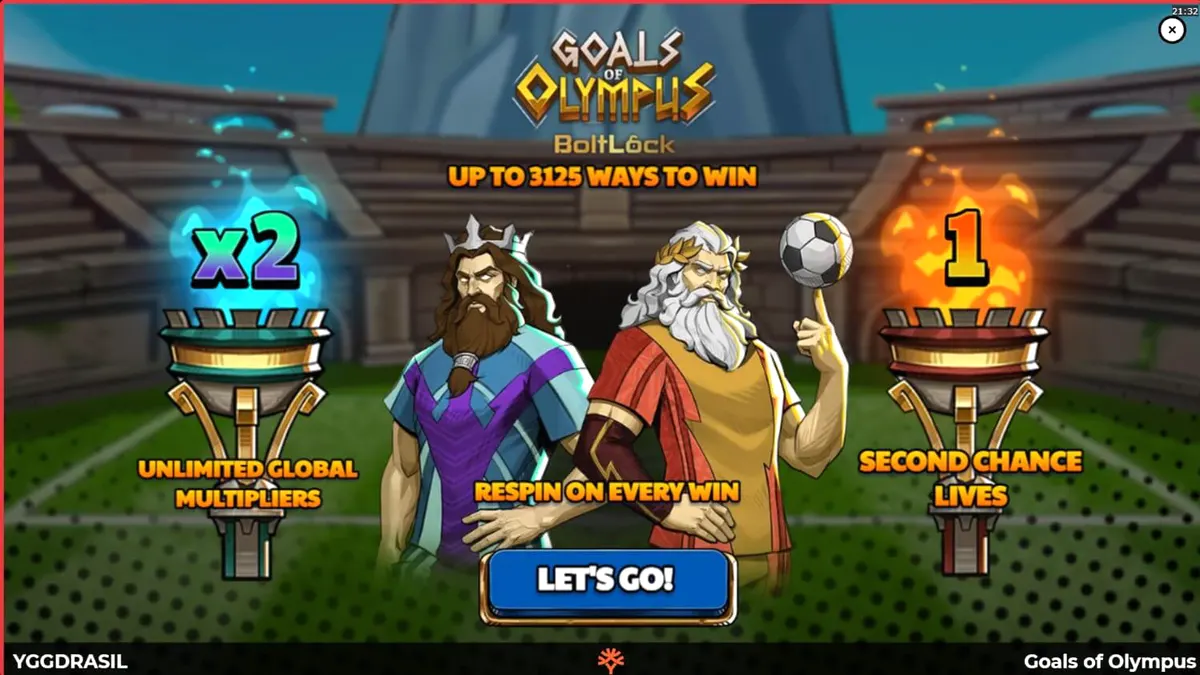 Interface do jogo Goals of Olympus BoltLock com Zeus e elementos de futebol.